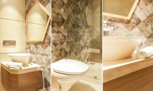 two pictures of a bathroom with a toilet and a sink at Treebo Olive Nest in Mumbai