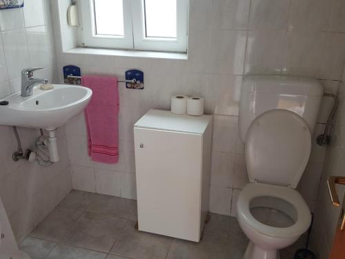 a small bathroom with a toilet and a sink at Apartmani Sole in Vis