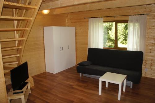 uma sala de estar com um sofá e uma televisão em Domki Letniskowe Bryza em Jarosławiec