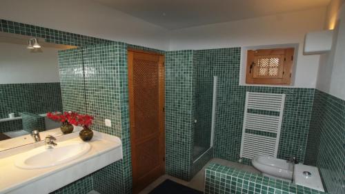 ニハルにあるCasa El Arenalの緑のタイル張りのバスルーム(シンク、シャワー付)