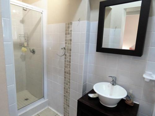 a bathroom with a sink and a shower with a mirror at 102 Siyayi in Mtunzini