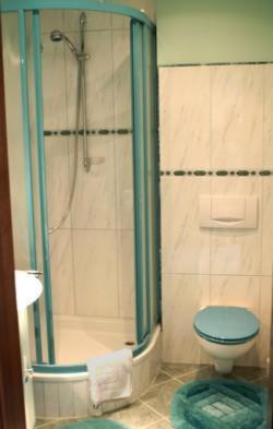 a bathroom with a blue toilet and a shower at Hotel Garni Graf von Oberg in Lahstedt