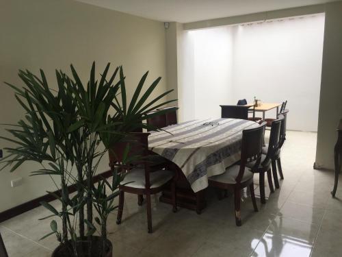 a dining room with a table and chairs and a plant at Villafranca hostel in Cuenca