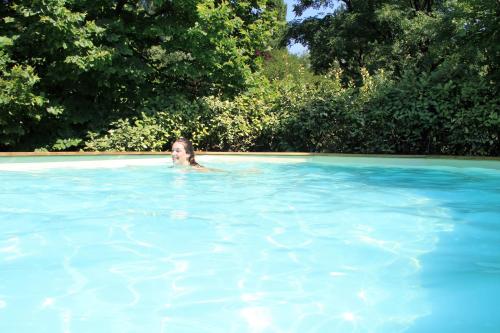 Caumont-sur-DuranceにあるGite Derrière les Oliviers -Le Mas de la Cigale Bleueの青い水のプールで泳ぐ女