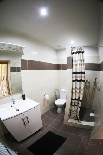 a bathroom with a white sink and a toilet at Apartmány Dimitra in Štúrovo