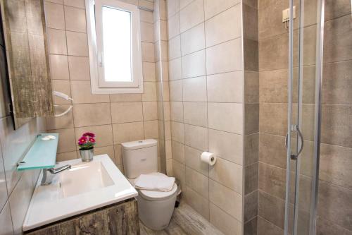 a bathroom with a toilet and a sink and a shower at Isalos Suites in Néa Péramos
