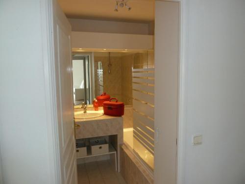 une salle de bain avec un lavabo et un grand miroir dans l'établissement Palais des domes, à Nice