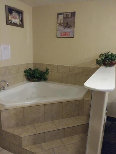a bath tub in a bathroom with two potted plants at Garden Inn & Suites New Braunfels in New Braunfels