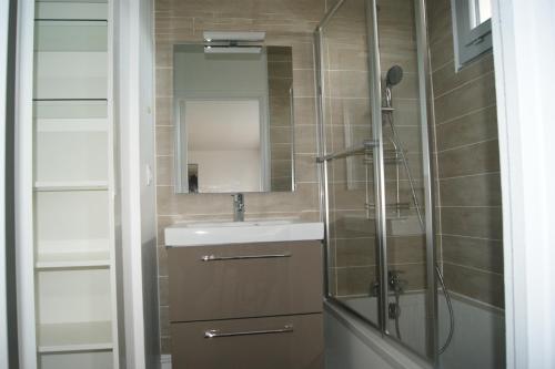 une salle de bain avec une douche, un lavabo et un miroir dans l'établissement Jordan, proche centre, wifi, linge, produits, ménage,, à Reims