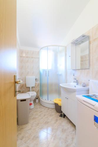 a bathroom with a shower and a sink and a toilet at Holiday Home Natasha in Svetvinčenat