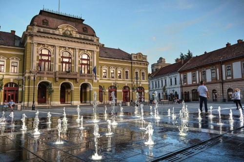 a fountain in the middle of a city with buildings at Minaret Apartman in Eger