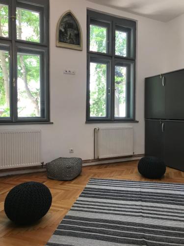 a living room with a refrigerator and a rug at Passpartout Hostel in Timişoara
