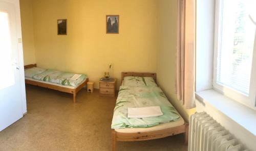 a room with two beds and a window at Apartmán Novákovi in Náchod