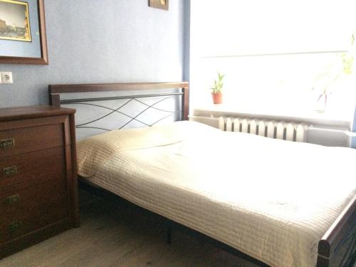 ein Schlafzimmer mit einem Bett, einer Kommode und einem Fenster in der Unterkunft 2-kh kom-ia kvartira v tsentre Odessy in Odessa