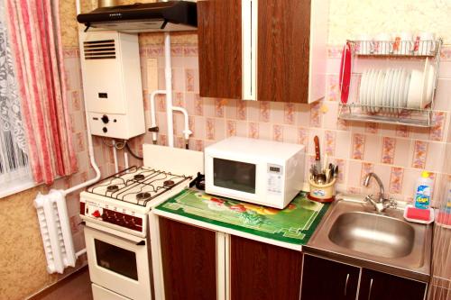 Il comprend une petite cuisine équipée d'un four micro-ondes et d'un évier. dans l'établissement Prime Home 4, à Tchernihiv