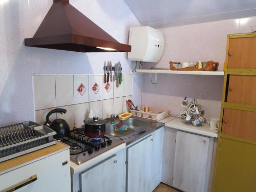 a small kitchen with a stove and a sink at Edmundas in Palanga