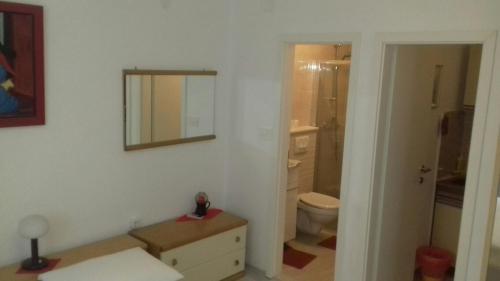 a bathroom with a toilet and a mirror on the wall at Apartments Ada Novak in Hvar