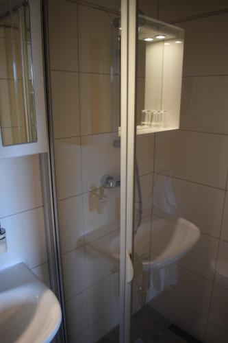 een badkamer met een glazen douche en een wastafel bij Pension Weinberg in Mörbisch am See