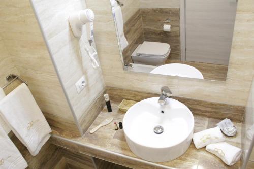 W łazience znajduje się umywalka, toaleta i lustro. w obiekcie Hotel Siro w Mediolanie