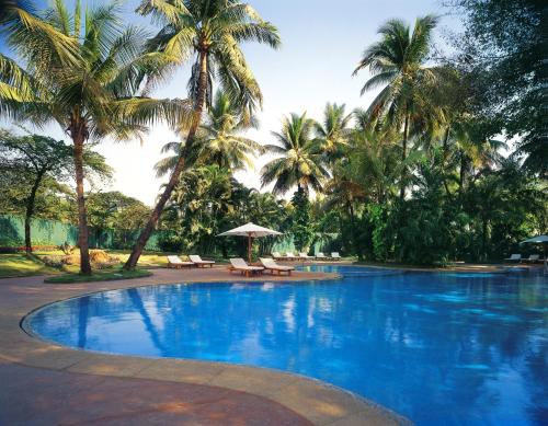 a large swimming pool with palm trees in the background at The Leela Mumbai in Mumbai