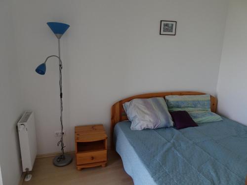 シオーフォクにあるClub 218 Wellness + Panoráma Apartman Siófokのベッドルーム(青いベッド1台、ランプ付)