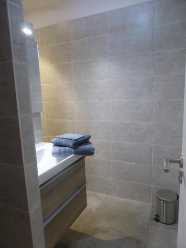 La salle de bains est pourvue d'un lavabo et d'une douche avec des serviettes bleues. dans l'établissement La maison de Julien et Marie-Louise, à Objat