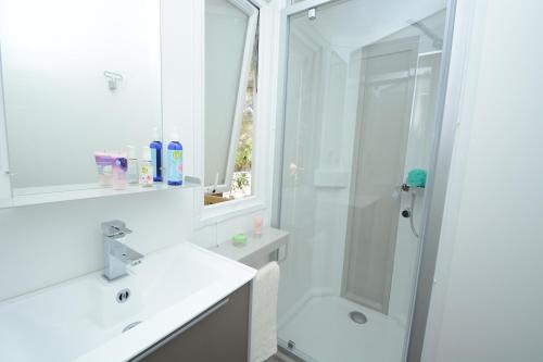シス・フール・レ・プラージュにあるCamping les Playesのバスルーム(シャワー、洗面台、トイレ付)