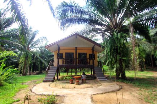 a small house with a person sitting in front of it at Khao Sok Palmview Resort in Khao Sok