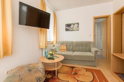 a living room with a couch and a tv on a wall at Landhaus Bergidyll in Bärenstein