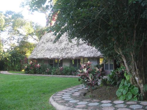a house with a thatch roof with a stone path in front at Banana Bank Lodge & Jungle Horseback Adventures in Belmopan