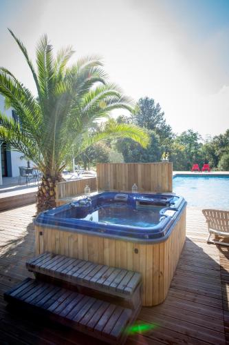 - un bain à remous installé sur une terrasse à côté d'une piscine dans l'établissement La Belle Landaise 1809 studio 4 couchages, à Peyrehorade