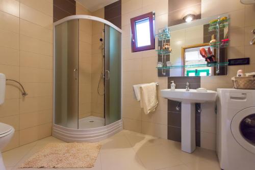 y baño con ducha, lavabo y aseo. en Villa Franz Krbune, en Potpićan