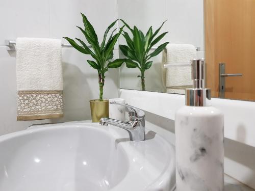 a bathroom with a sink and a mirror and a plant at Porto In Sight, 4 Kids in Vila Nova de Gaia