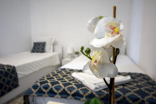 a room with two white flowers on a bed at Bed & Breakfast Delikates in Stojakovo
