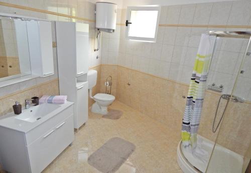 La salle de bains est pourvue de toilettes, d'un lavabo et d'une douche. dans l'établissement Apartments Andrea, à Podstrana