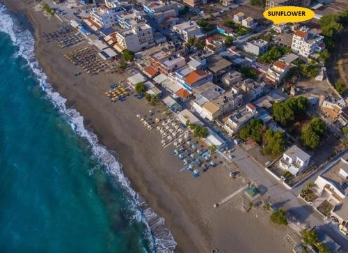 an aerial view of a beach with umbrellas and the ocean at Sunflower Apartments in Kalamaki Heraklion