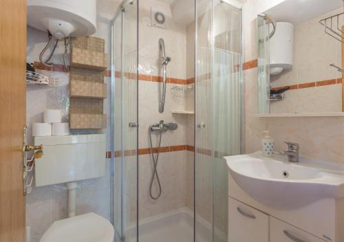 a bathroom with a shower and a toilet and a sink at Apartments Kiara Sabunike 836 in Privlaka