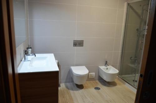 a bathroom with a toilet and a sink and a shower at Art'Estrela in Covilhã