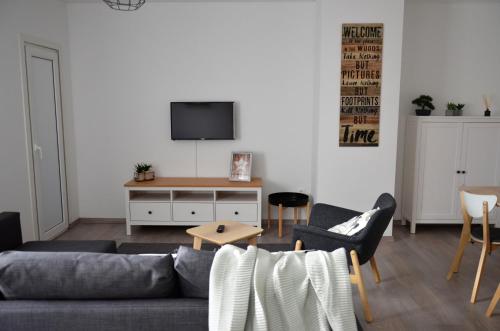 a living room with a couch and a tv at Art'Estrela in Covilhã