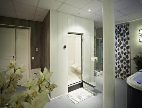 een badkamer met een douche, een wastafel en een spiegel bij Maison d'hôtes "Les Jardins de Mazamet" in Mazamet