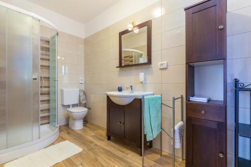 a bathroom with a sink and a toilet and a mirror at Villa Elida with Heated Pool - Central Istria in Pazin