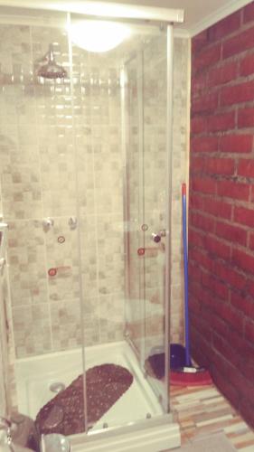 a shower with a glass door in a bathroom at Cabañas Avenida España in Punta Arenas