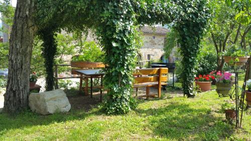 a pergola covered in ivy with benches and a table at Colonica Montebeni in Greve in Chianti