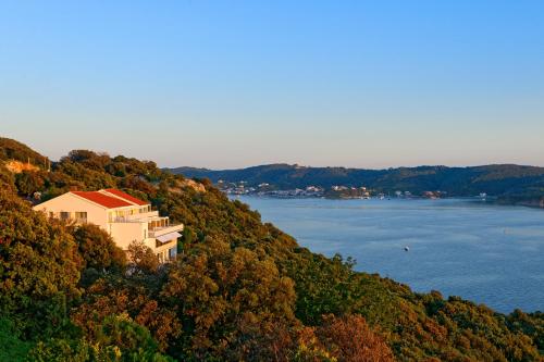 a house on a hill next to a body of water at Zlatni Zalaz,Apartments,Supetarska Draga in Supetarska Draga