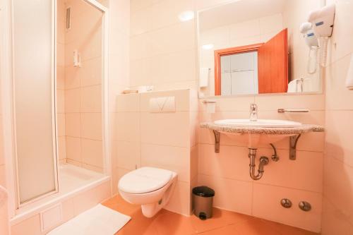 La salle de bains est pourvue de toilettes, d'un lavabo et d'une douche. dans l'établissement Hotel Merlot, à Opuzen