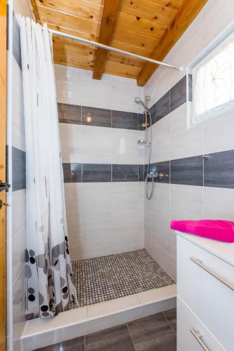 a bathroom with a shower with a shower curtain at Holiday Home Vlatka in Lozovac