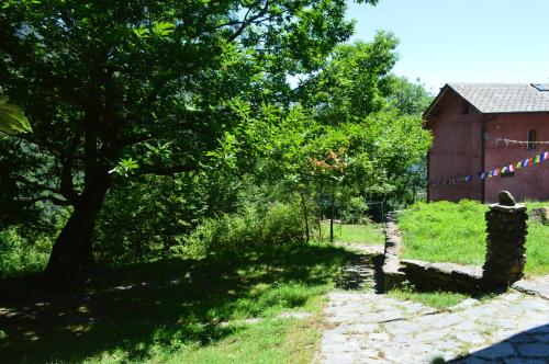 Eine Scheune mit einem Baum und einem Weg daneben. in der Unterkunft Secret Mountain Retreat Valle Cannobina (for nature Lovers only) in Orasso