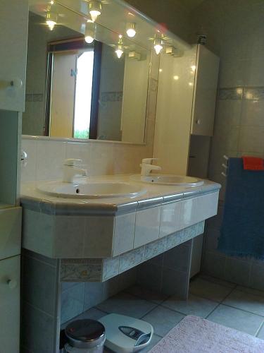 une salle de bain avec un lavabo et un miroir dans l'établissement Chambre d'hôtes - La Maurillonnette, à Saint-Pancrace