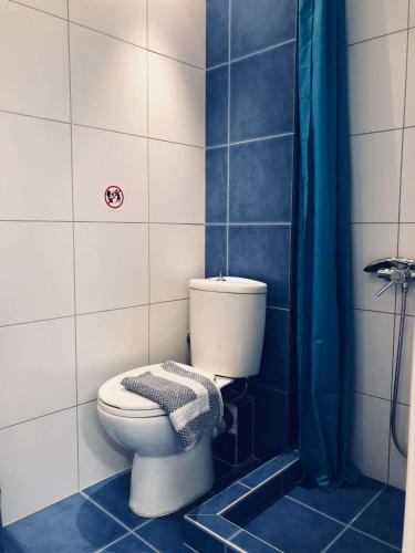 a bathroom with a toilet and a shower at K&B Luxury Studios in Kavála