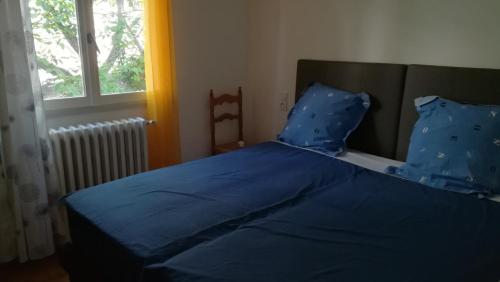 - un lit avec des draps et des oreillers bleus dans une chambre dans l'établissement Rinasce In Corsica, à Poggio-di-Venaco